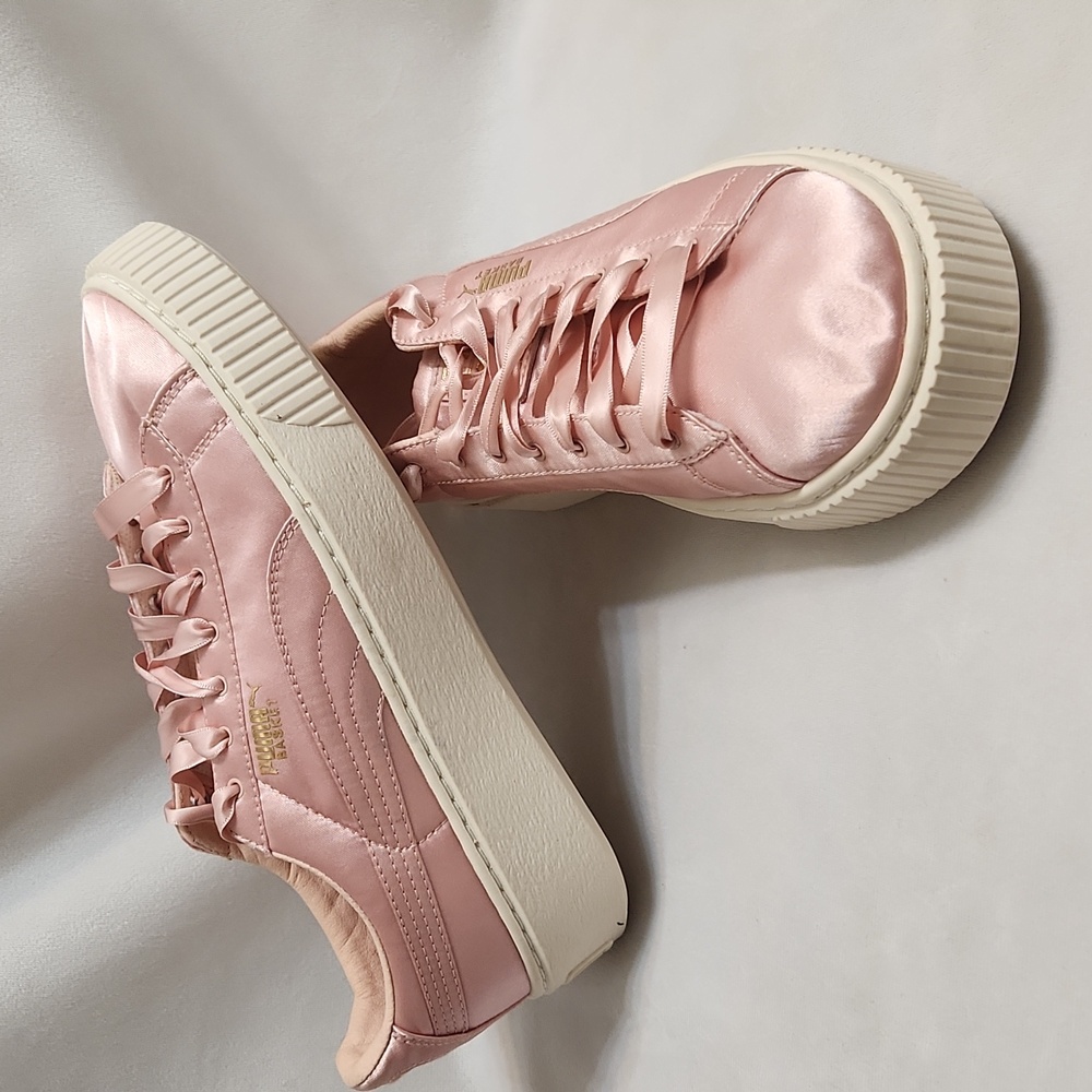 Puma Basket Pink Platform Satin Low Lace-up Sneaker (W Size 7.5)